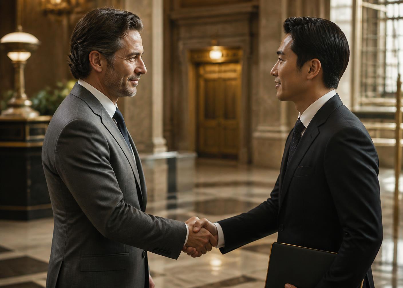 Two professionals shaking hands in a heritage office lobby